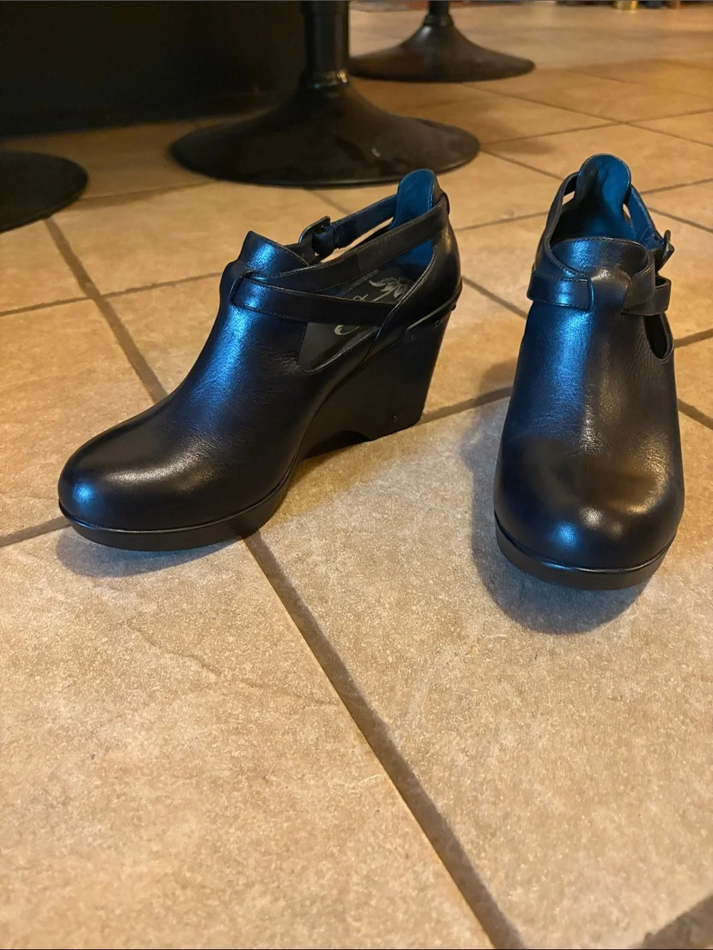 Dansko Black Leather Wedge Ankle Booties with Buckle